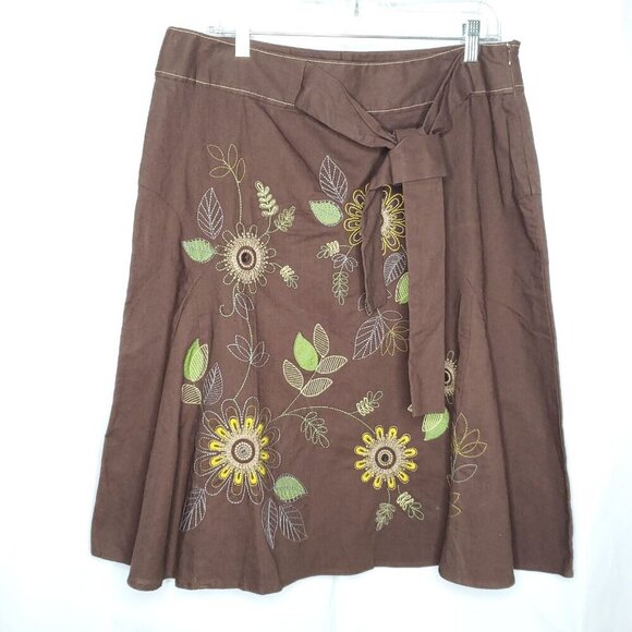Linen Blend A Line Skirt XL Brown Green Floral Embroidered Boho Bloomcore NEW - Picture 1 of 6